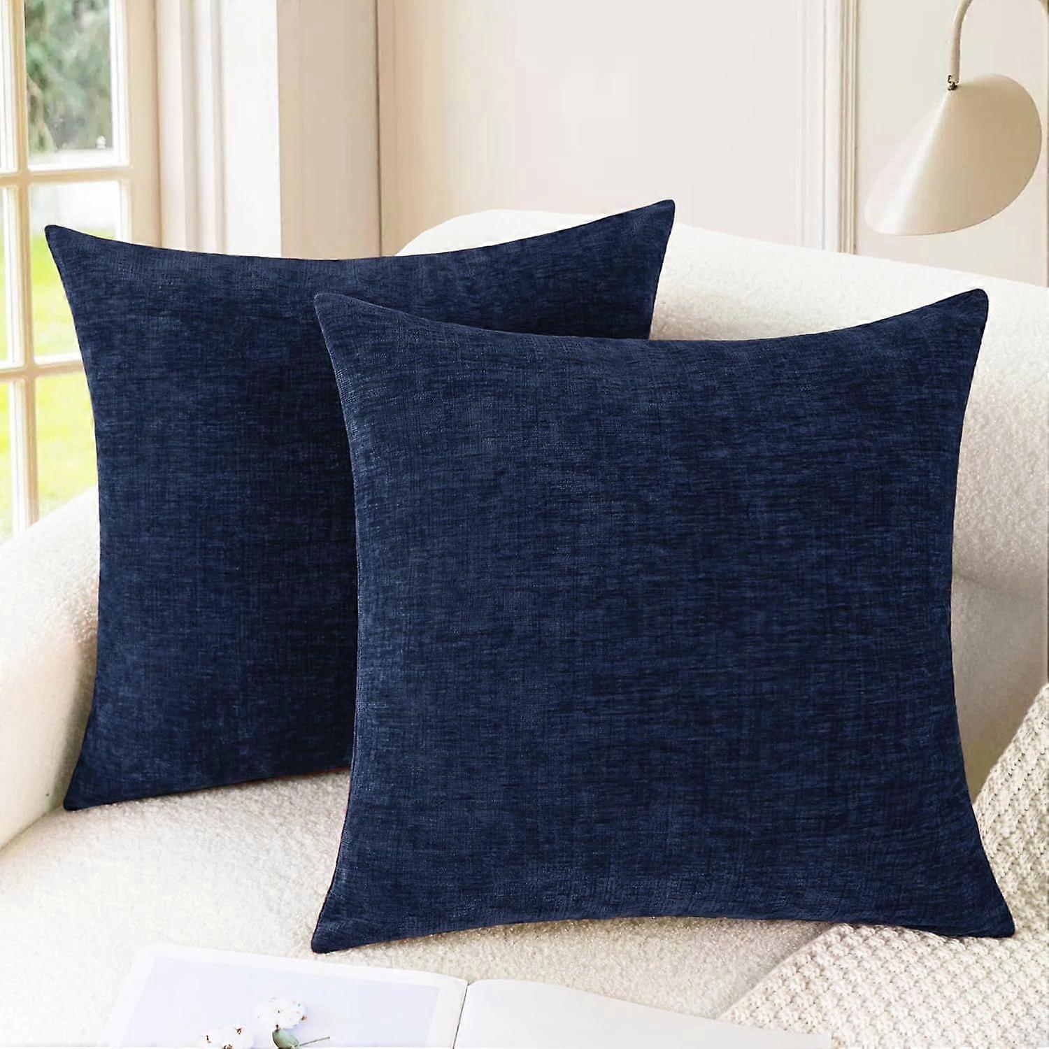 Set of 2 Decorative Chenille Cushion Covers 45 x 45 cm for Sofa Couch Bed Living Room Home Navy Blue
