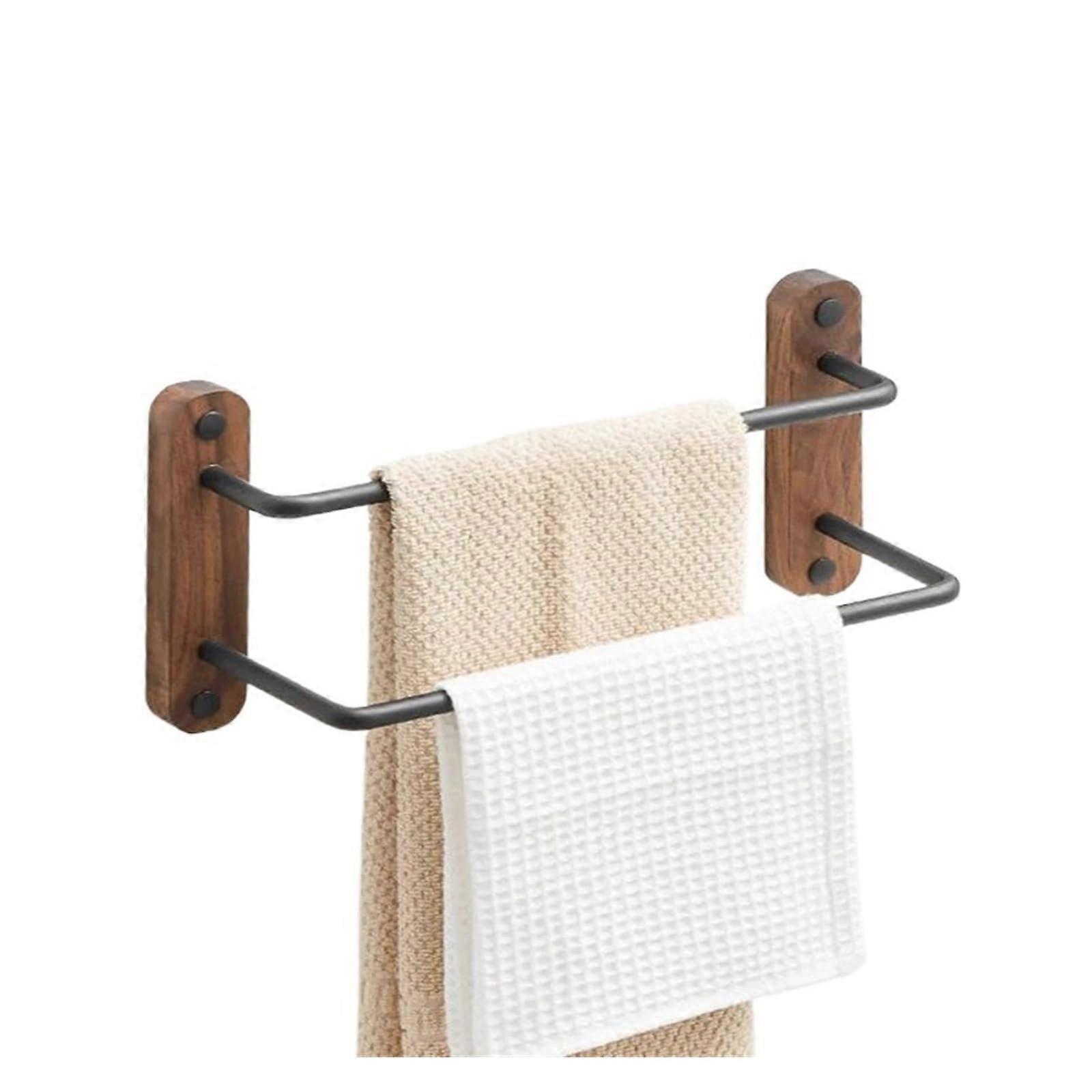 Black/Gold Walnut Bathroom Wall Towel Rack, NonPerforated Luxury Double Towel Rail, Bathroom Storage Shelf.