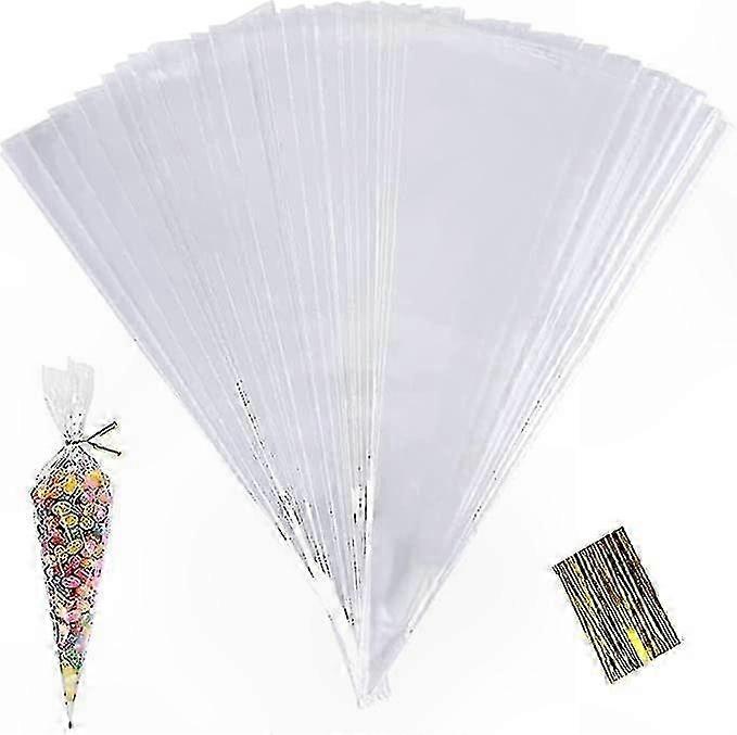 100 Pack Transparent Cone Bags, 25x13cm Cellophane Sweets Wrappers with Twist Ties for Candy and Snack Packaging