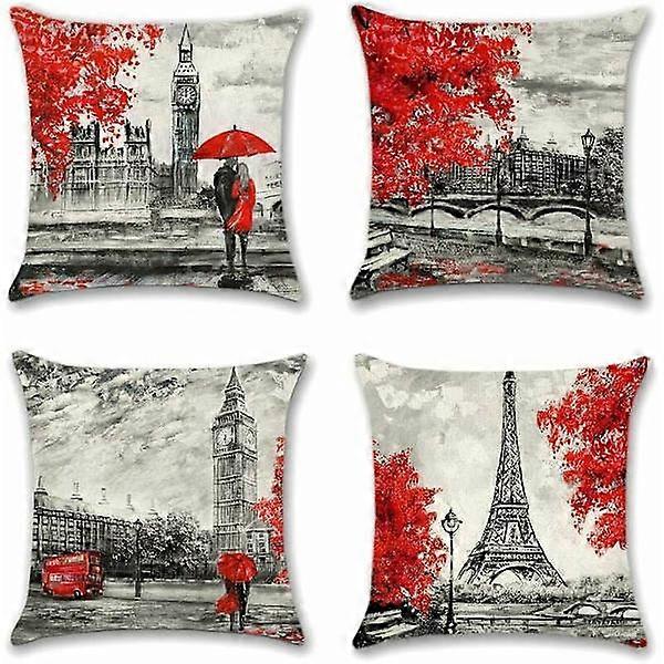 Set of 4 Decorative Polyester Linen Pillowcases for Sofa, Car Decoration, 45x45cm (pair in red)
