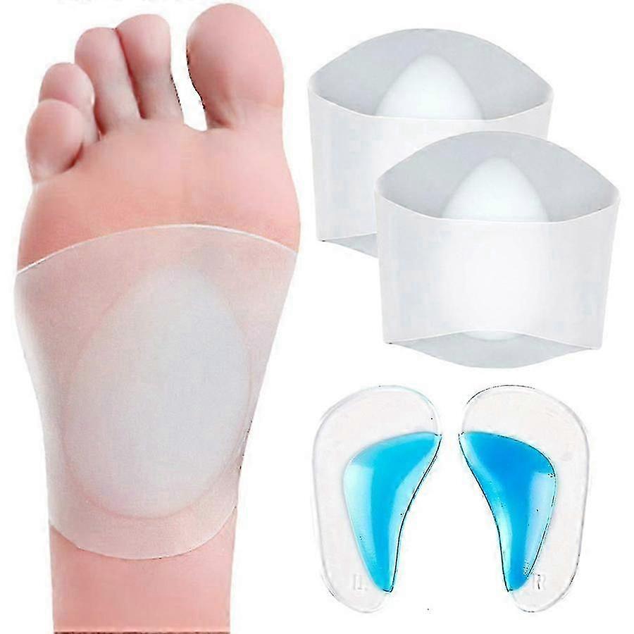 Arch Support Gel Set with 2 Pairs of Plantar Fasciitis Sleeves & Shoe Insoles for Flat Feet. Reusable Soft Silicon Arch Inserts with Padded Cushions