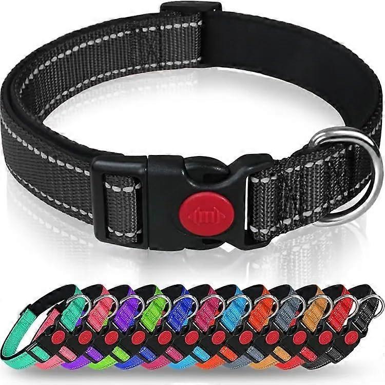 Reflective Dog Collar With Safety Locking Buckle Adjustable Nylon Collar With Soft Neoprene Padding Black M 3547cm