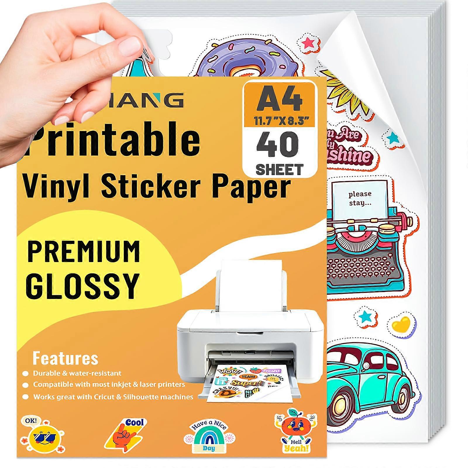 40 Sheets A4 Size Printable Vinyl Sticker Paper for Inkjet Printer and Laser White Glossy Sticker Paper Waterproof - Adhesive Paper 8.3 x 11.7