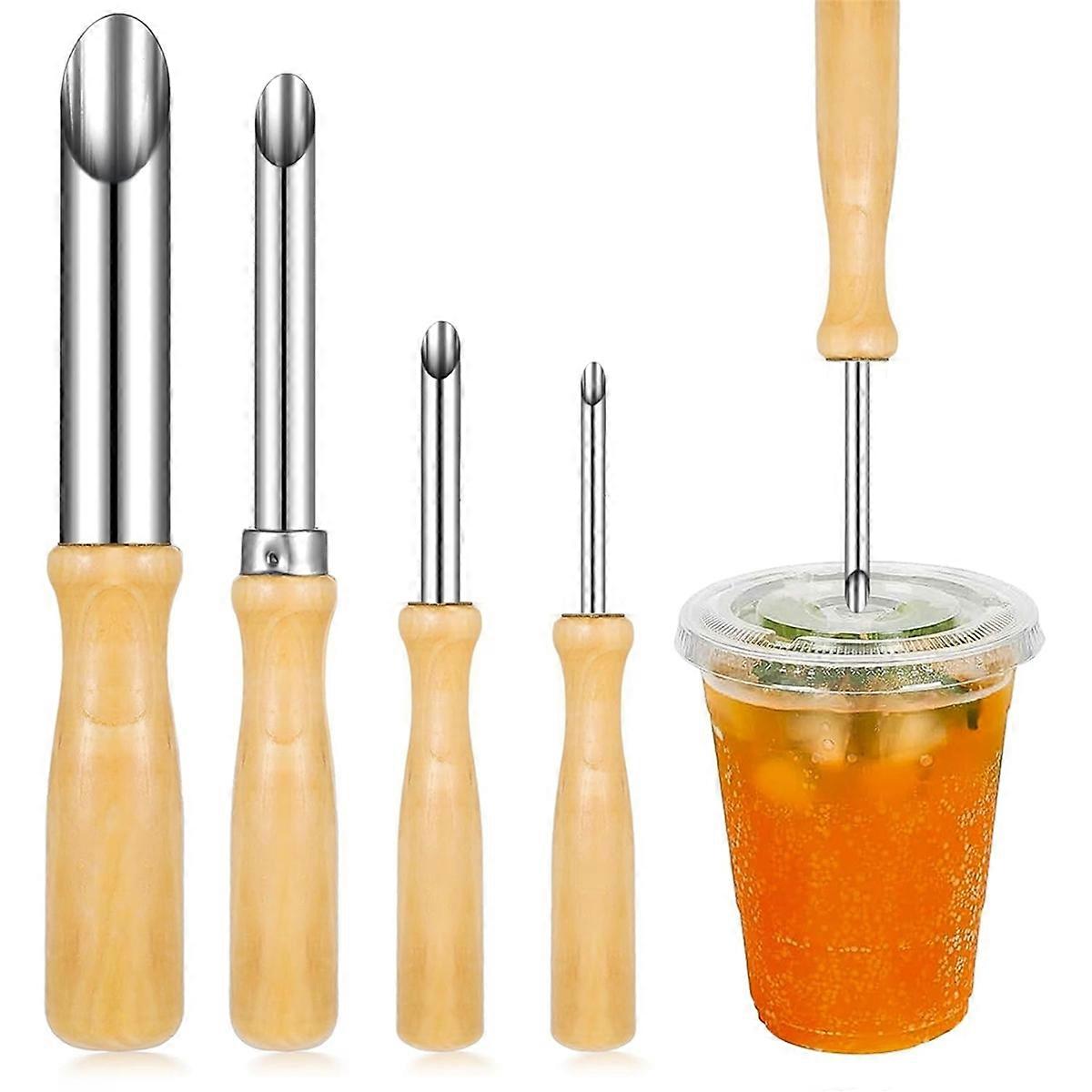 4 Sizes Straw Punch with Wooden Handle, Round Hole Making Tool