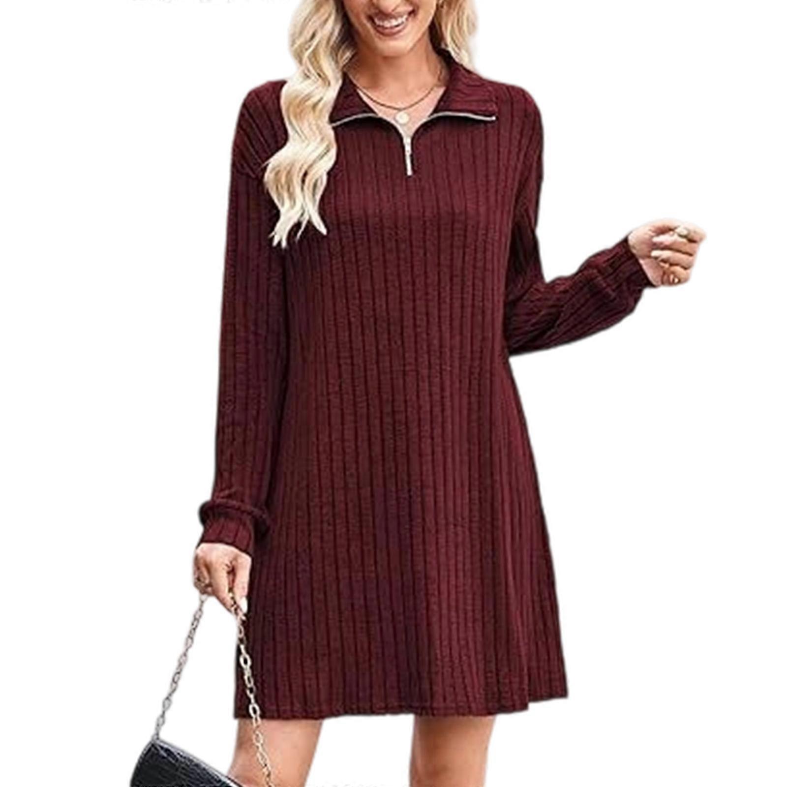 Contemporary V Cut Knitted Dress Solid Color Cotton Blend Long Sleeve Dress Autumn Winter Prom Casual Occasion  Burgundy XL