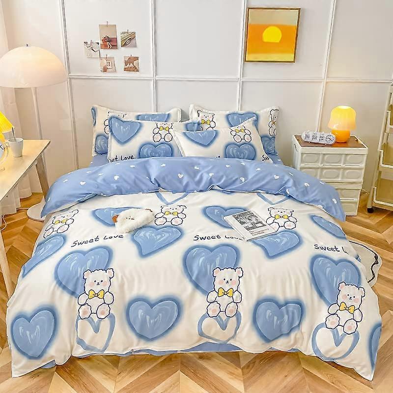 Children Bedding Set Twin Full Duvet Cover Set 4Piece Flat Sheet 2 Pillow Cases Bear Rabbit Print Blue