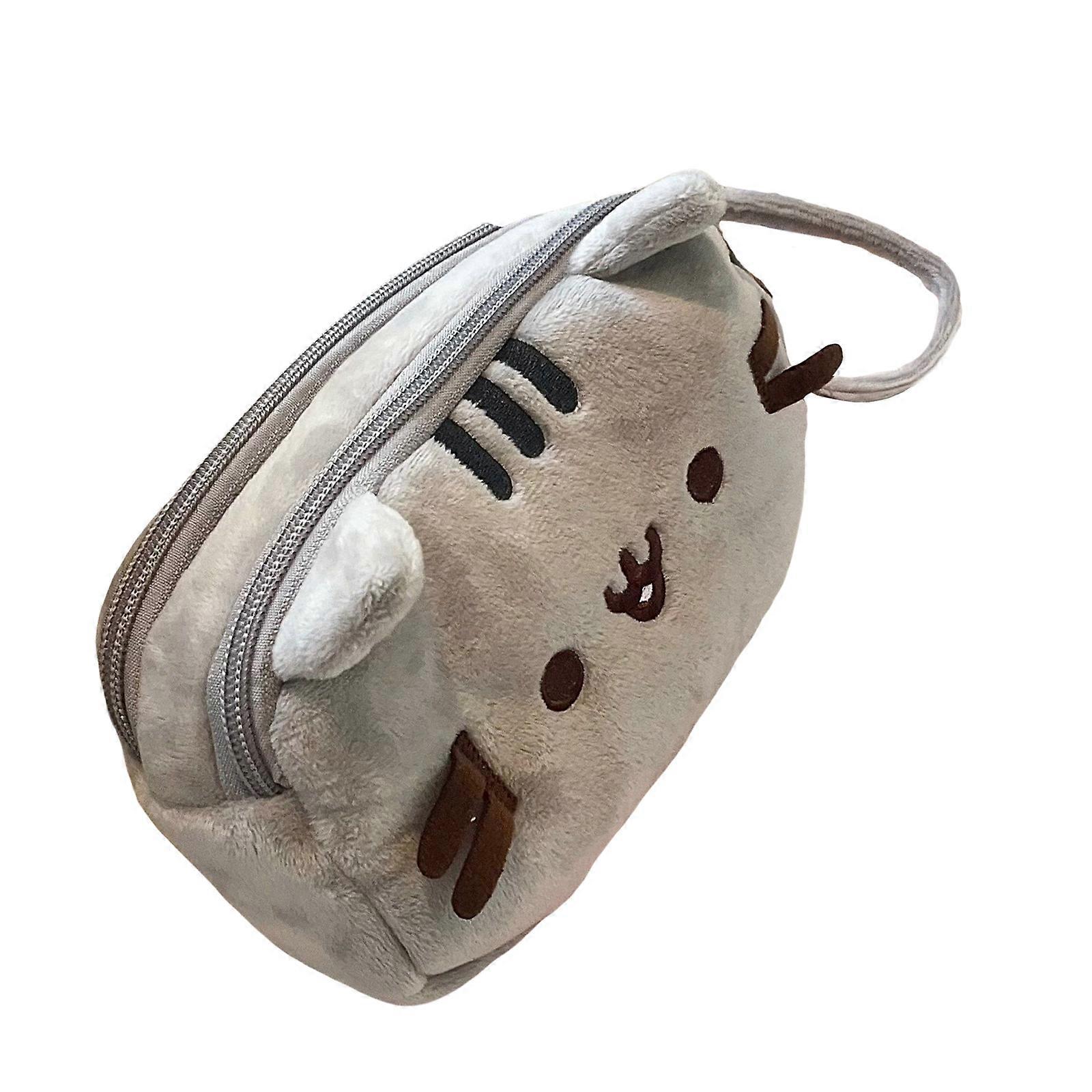 Gray Double Compartment Fleece Pen Owner With Slumbering Puss Theme Spacious Storage Solution For Writing Materials Makeup Accessories Multicolor