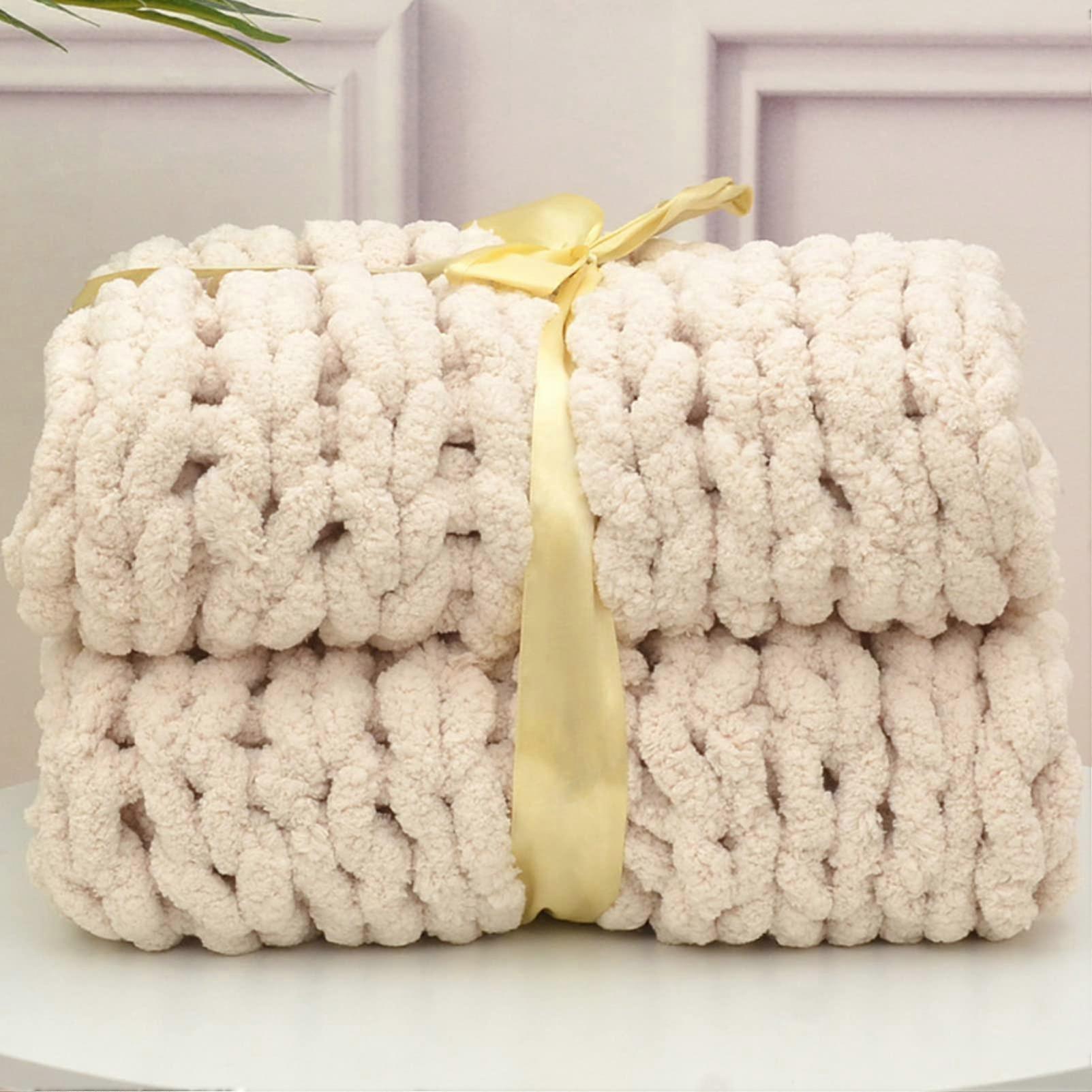 Chunky Knit Blanket Throw 50x50cm Soft Chenille Yarn Thick Cable Knit for Sofa Bed Decor