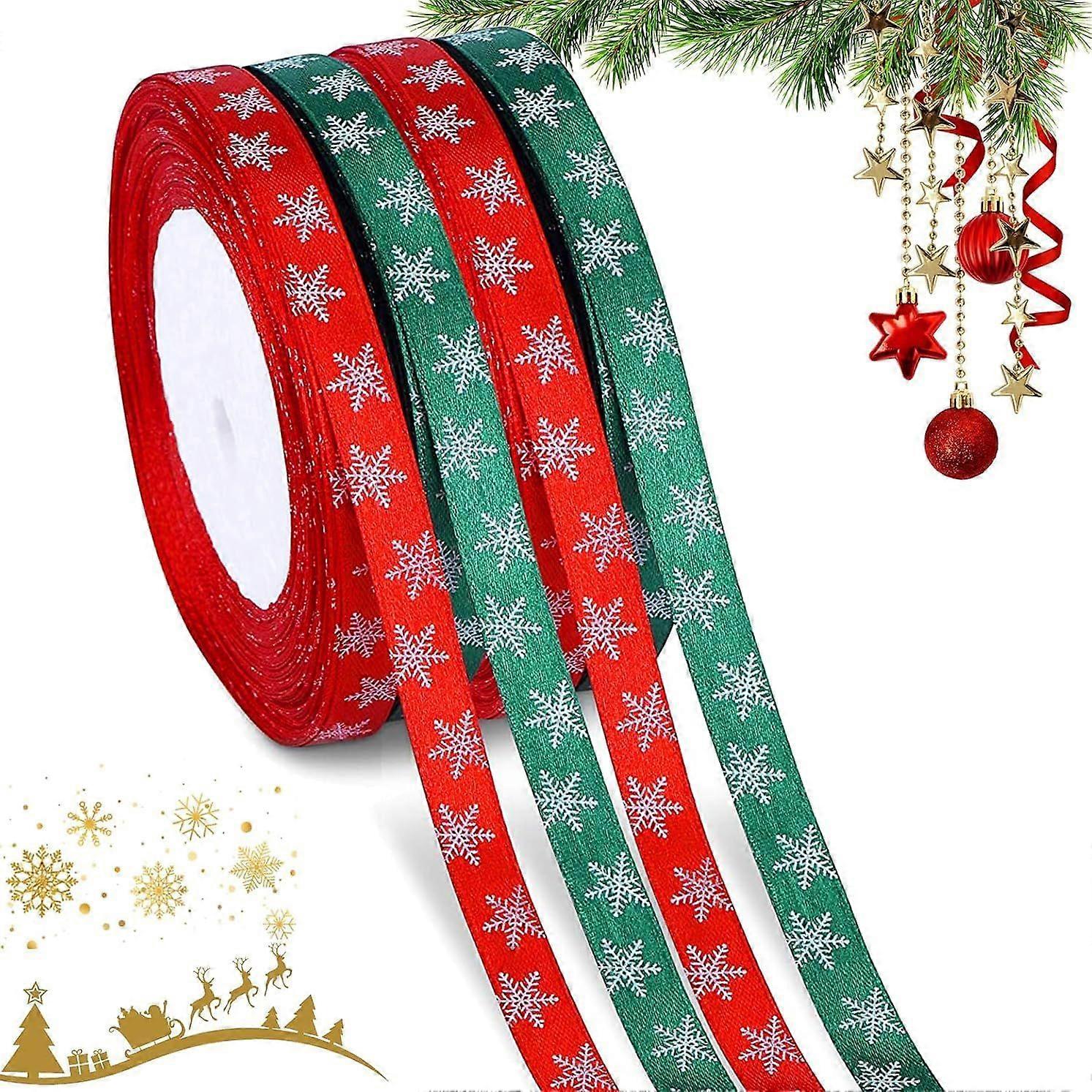 22 Meters Satin Christmas Ribbon with Snowflake Pattern for Decoration and Gift Wrapping (Red and Green)