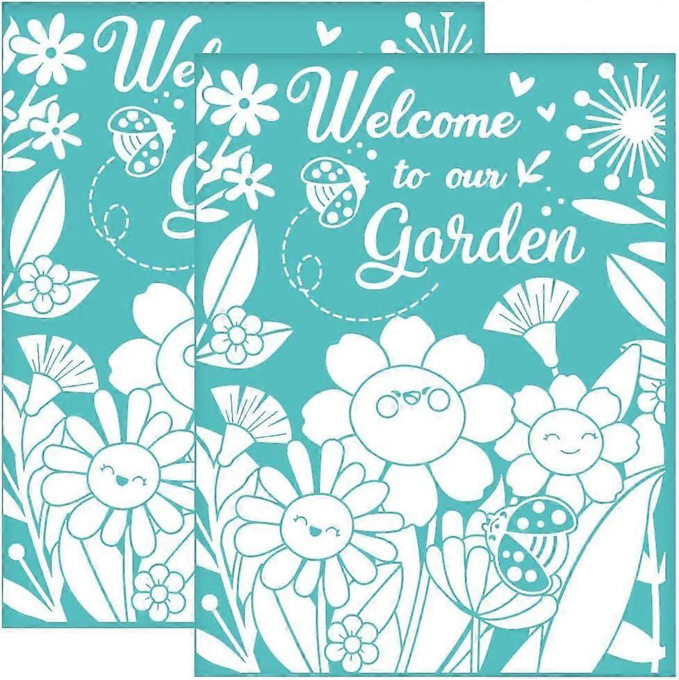 2Pcs 11x8.6 Inch Welcome to The Garden Self-Adhesive Silk Screen Printing Stencil Sunflowers Mesh Stencils Spring Theme Reusable Mesh Stencils Transfe