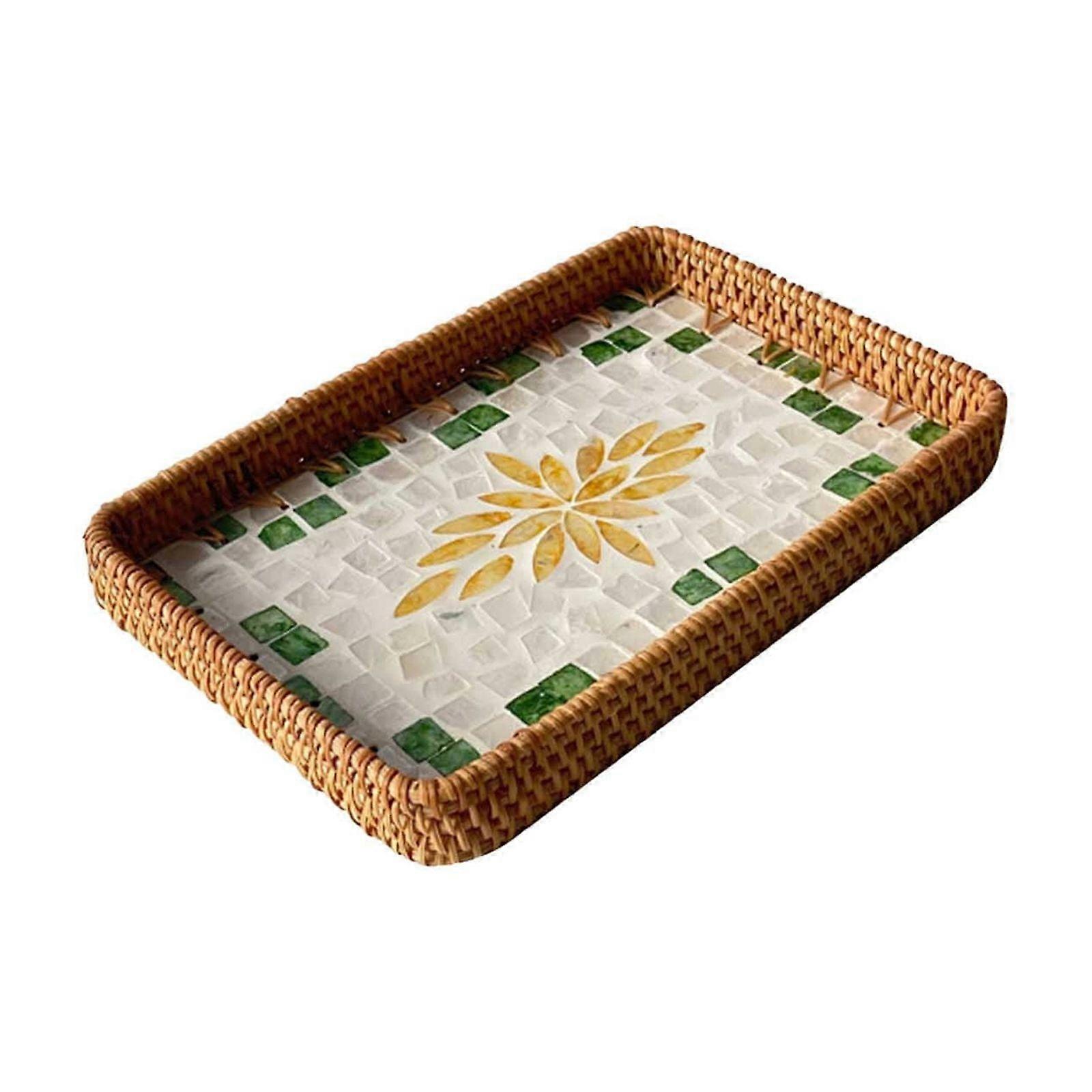 8.3*12.2 Inch Hand-Woven Rattan Rectangular Serving Tray with Handles for Breakfast, Drinks, Snack for Coffee Table