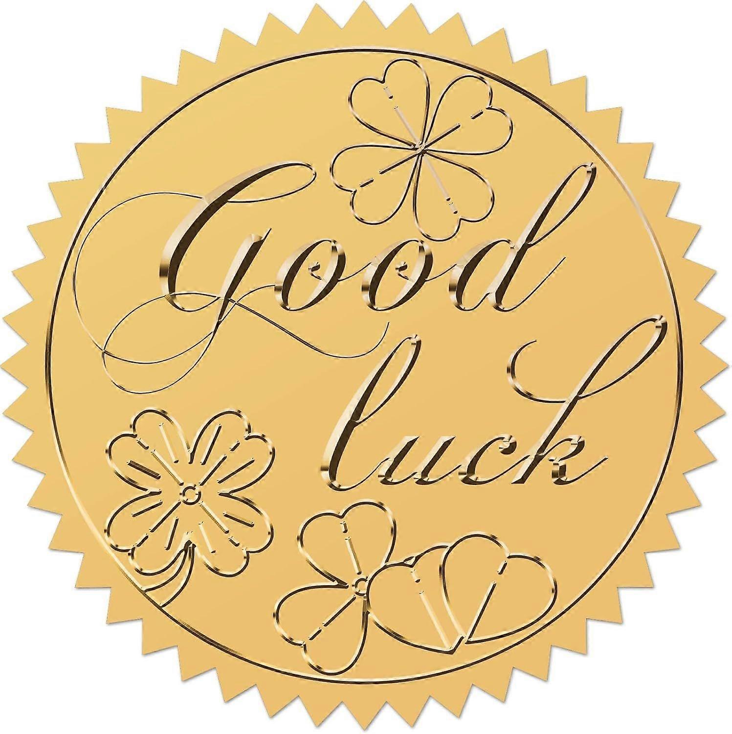 100Pcs 2 inch Gold Embossed Seal Stickers Good Luck Clover Gold Foil Stickers Self Adhesive Envelope Labels with Serrated Edge Paper Decals for DIY We