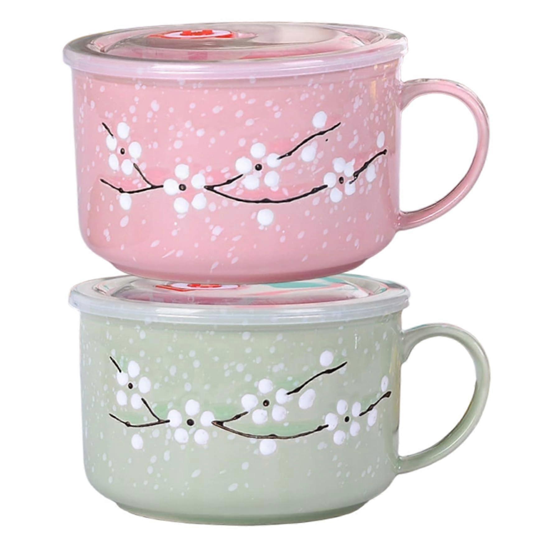 2pcs Large Ceramic Soup Bowls with Handles and SpillResistant Lid, 800ml Microwave and Dishwasher Safe