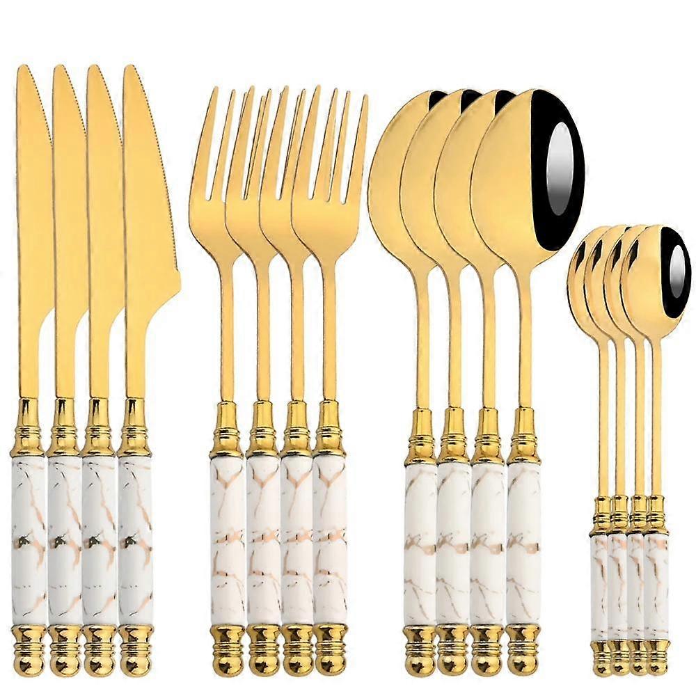 16Pcs Tableware Set Cutlery Set Mirror Ceramic Handle Gold Flatware Fork Spoon Knife Set Stainless Steel Dinnerware Dinner Set