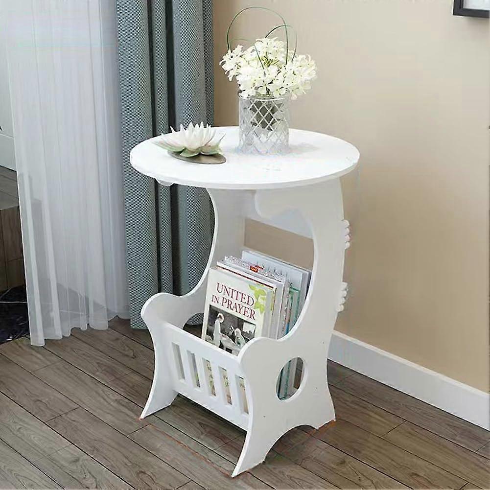 Small White Bedside Table with Storage Shelf, Round Nordic Nightstand for Bedroom or Sofa Side