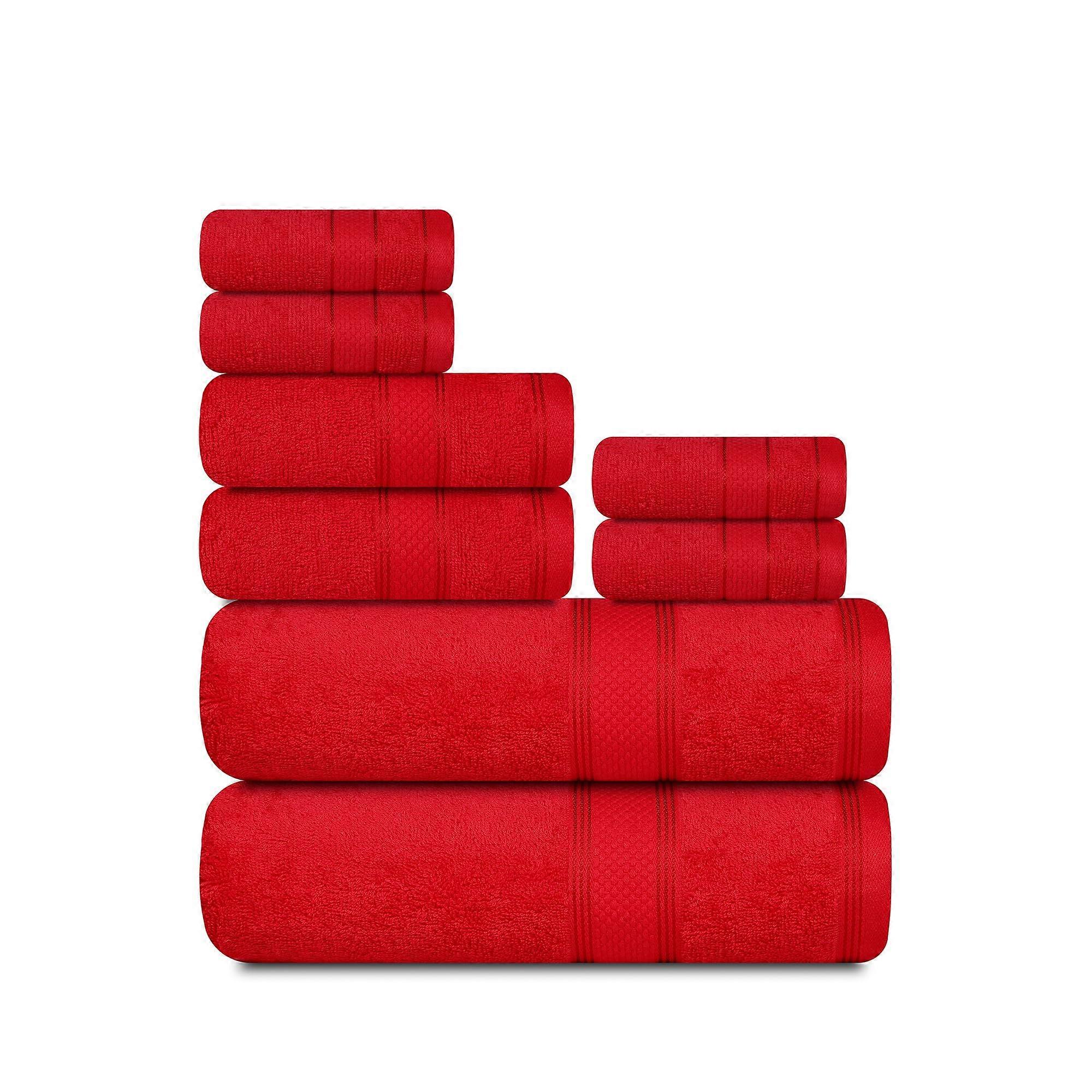 8 Piece Red Cotton Bath Towel Set  Soft Plush Texture,  Absorbent, Quick Dry Comfort