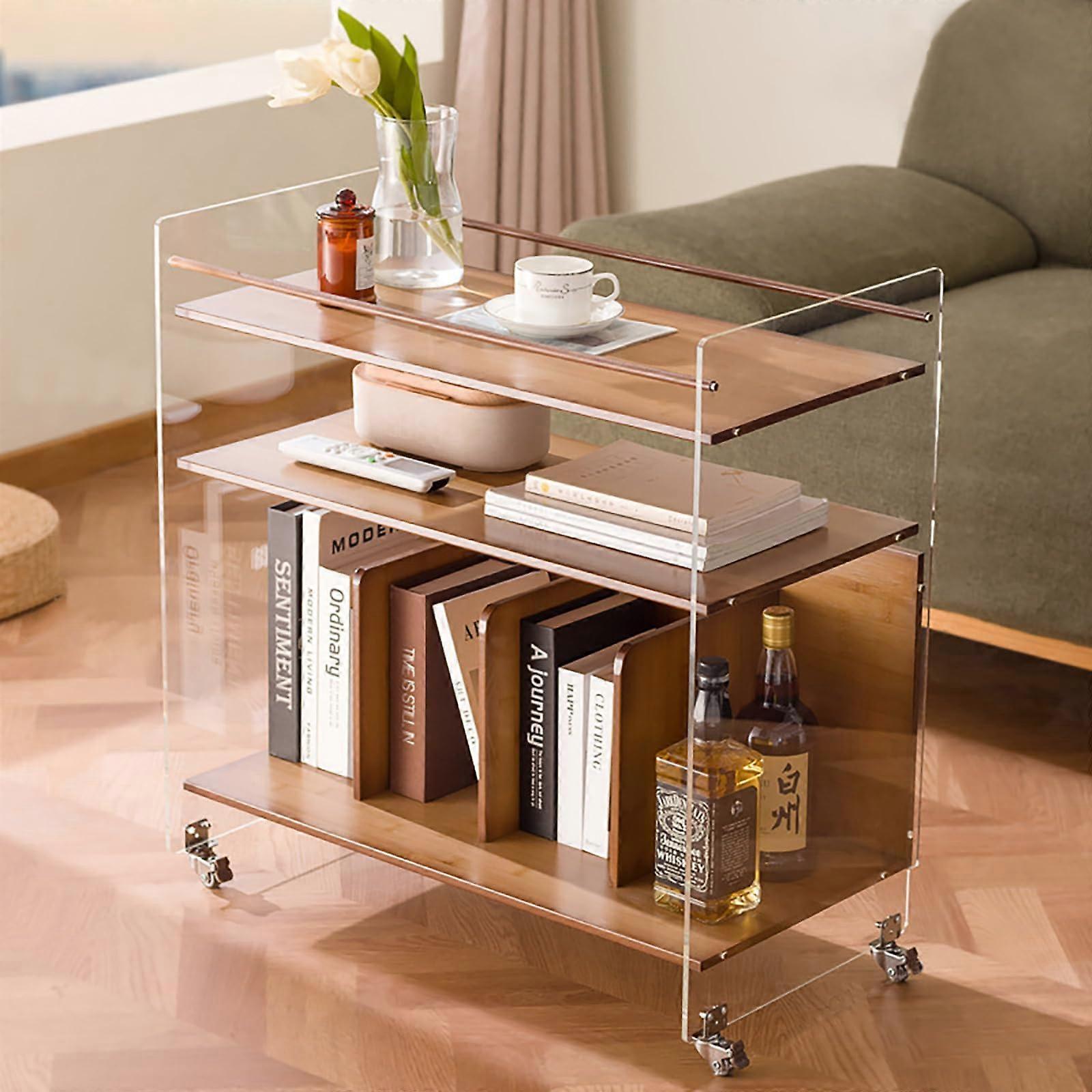 Rolling Storage Cart Acrylic End Table, 3Tier Clear Side Table with Shelves and Wheels, Tawny