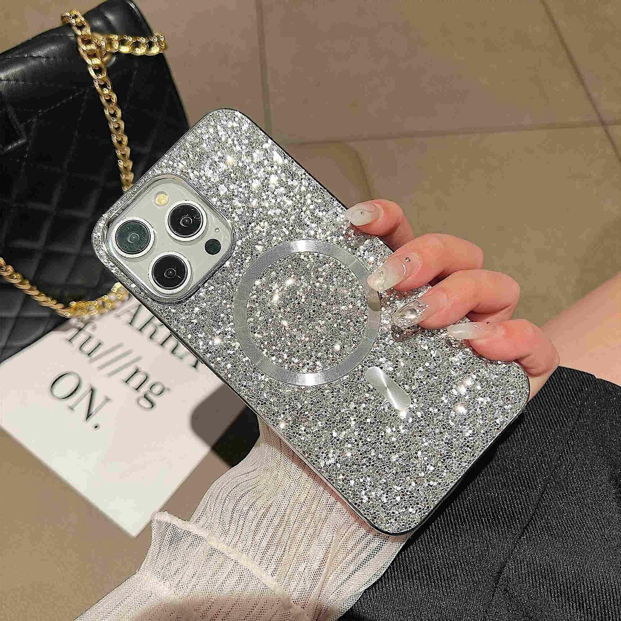 For iPhone 14 Pro Max Magnetic Phone Case Electroplating Glitter TPU Frame PC Back Cover