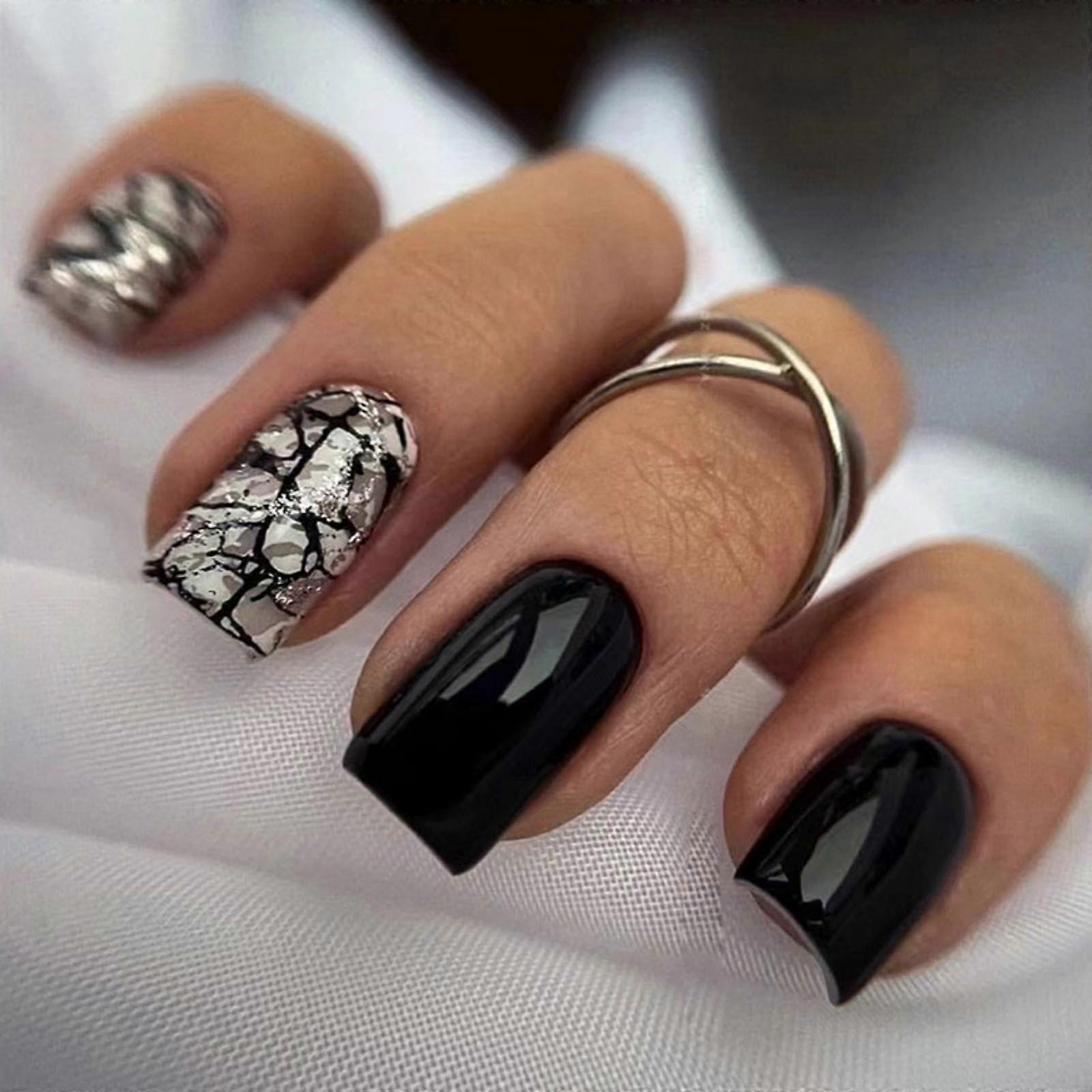 Black Medium Short Square Press On Nails with Meteorite Crack Design, Reusable Glossy Acrylic