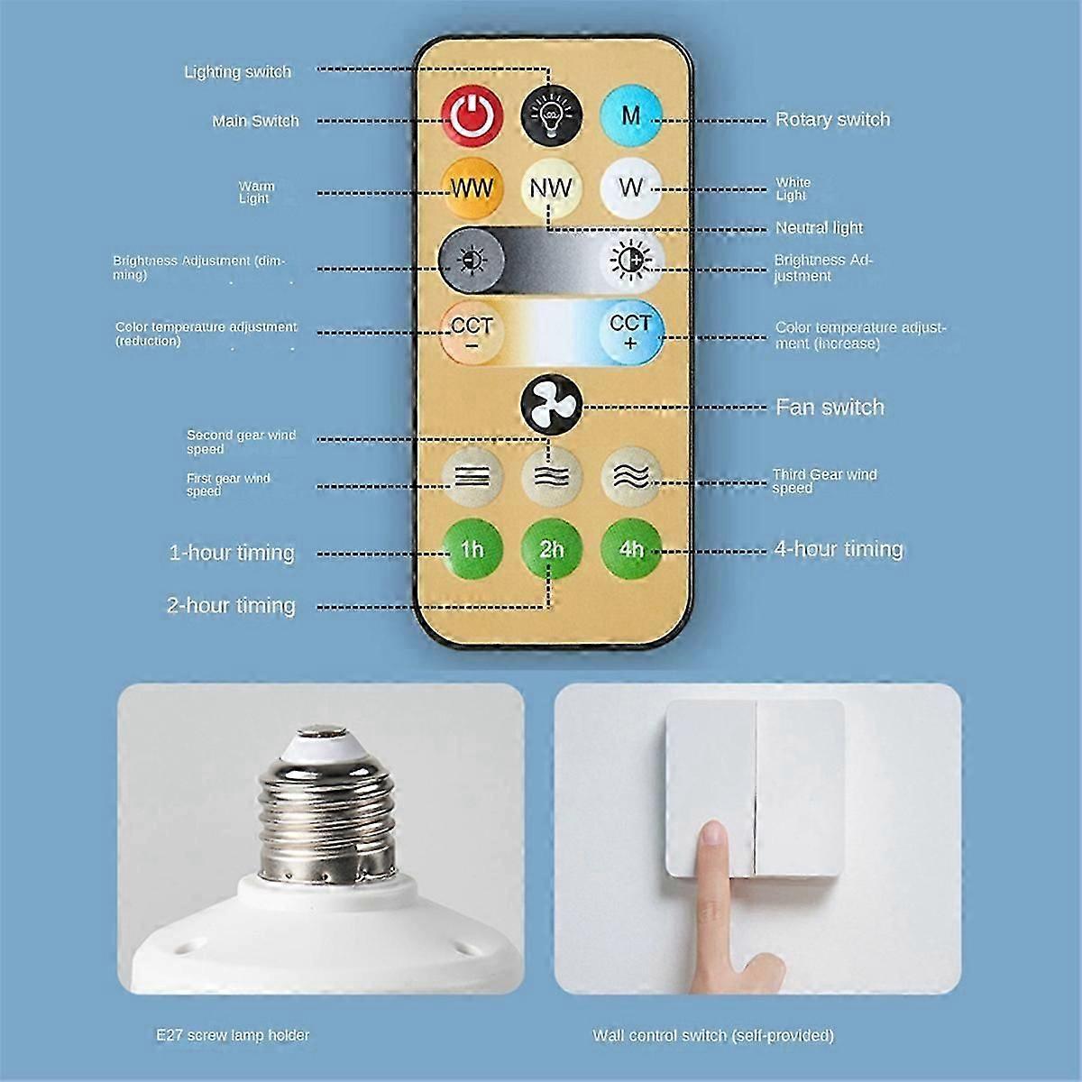 Socket Fan Light with Remote, Ceiling Fan with 3-Speeds, Dimmable LED, E27 Base, Cordless Light Socket -LL