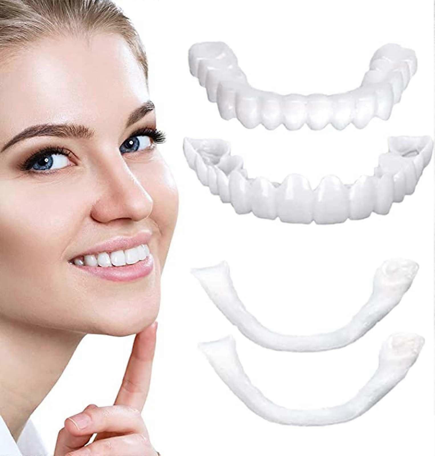 Fake Teeth Temporary Veneers for Missing Teeth, Adjustable Secure Fit,  and Bottom Set, 2 Pairs