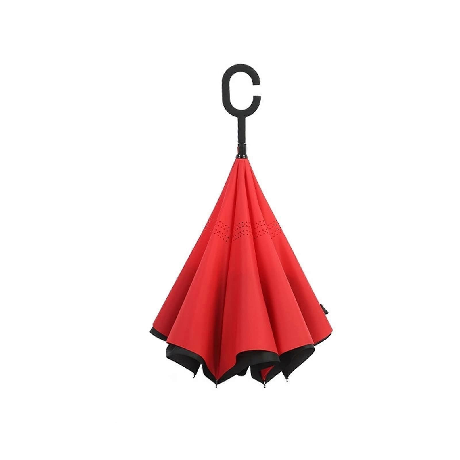 Red Reverse Umbrella with CShaped Handle, Windproof Double Layer for Rain and Sun