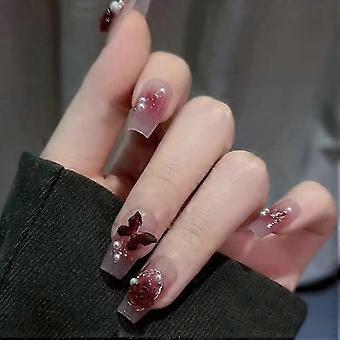Press On Nails French Tip with Floral Butterfly Design, 24PCS Glossy Gel Gradient Red Acrylic