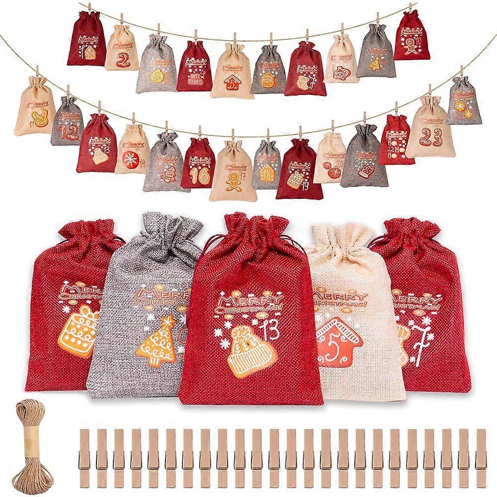 Christmas Burlap Advent Countdown Drawstring Bags 24 Pack
