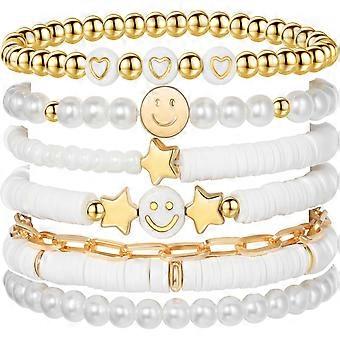 Preppy Bracelets Set Colorful White Gold Smile Heart Star Polymer Beaded Pearl Clay Stackable Charm Y2K Kidcore Aesthetic Summer Beach Bohemian Stretc