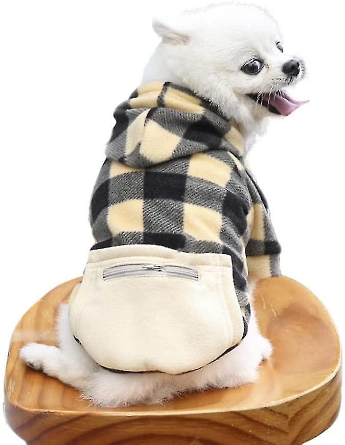 パーカー ペット服 チェック柄 犬 スウェットシャツ フード付きプルオーバー 犬セーター 冬猫服 暖かい子犬セーター (sベージュ)