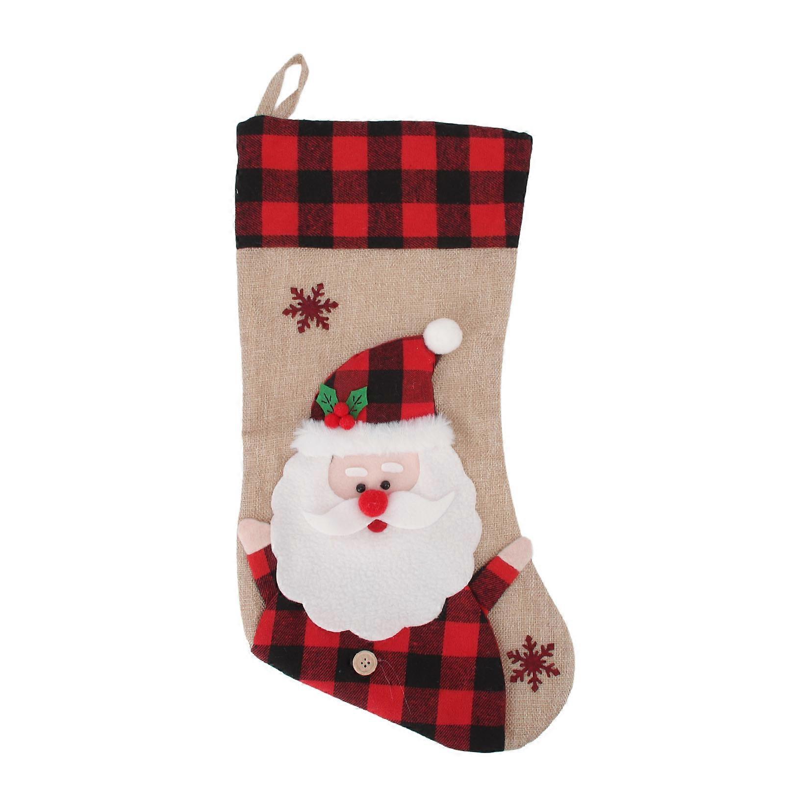 Christmas Stocking Burlap Red Plaid 3D Pattern 47cm x 23cm Decor