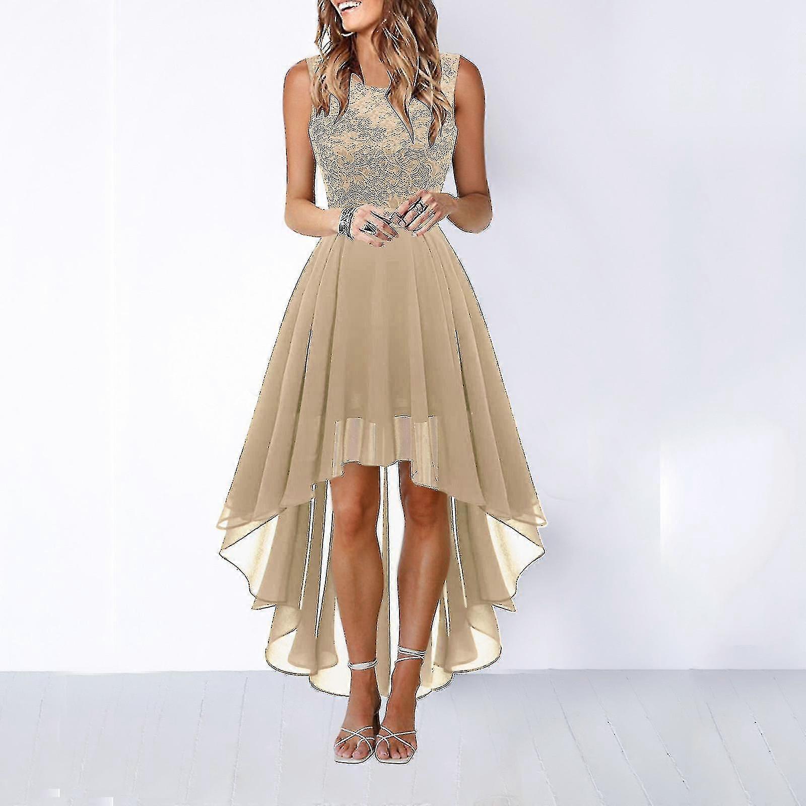 Dantel Elbise Yay Kemer Zarif Düzensiz Uzunluk Elbiseler Kadınlar Için Düğün Konuk Kolsuz Nedime Kokteyl Partisi Elbise - Pengj