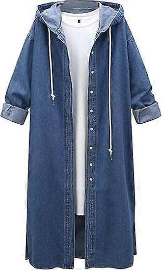 Womens Long Denim Jacket Oversized Drawstring Hooded Midi Jean Jacket, SIZE L