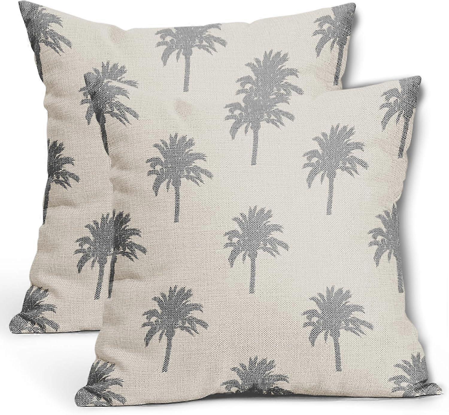 Gray Palm Tree Pillow Covers 16X16 InchTropical Coconut Trees Coastal Plants Decorative Pillow Cases Set of 2 Summer Retro Cotton Linen Throw Pillows