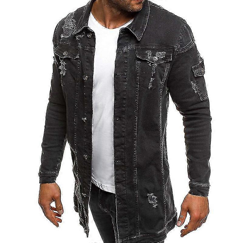 Jeansjacke Lange Herren Denim Ripped Jacke Modische Jacke für