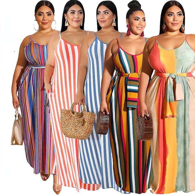 Multi-color New Large Size Suspender Dress Striped Loose With Belt