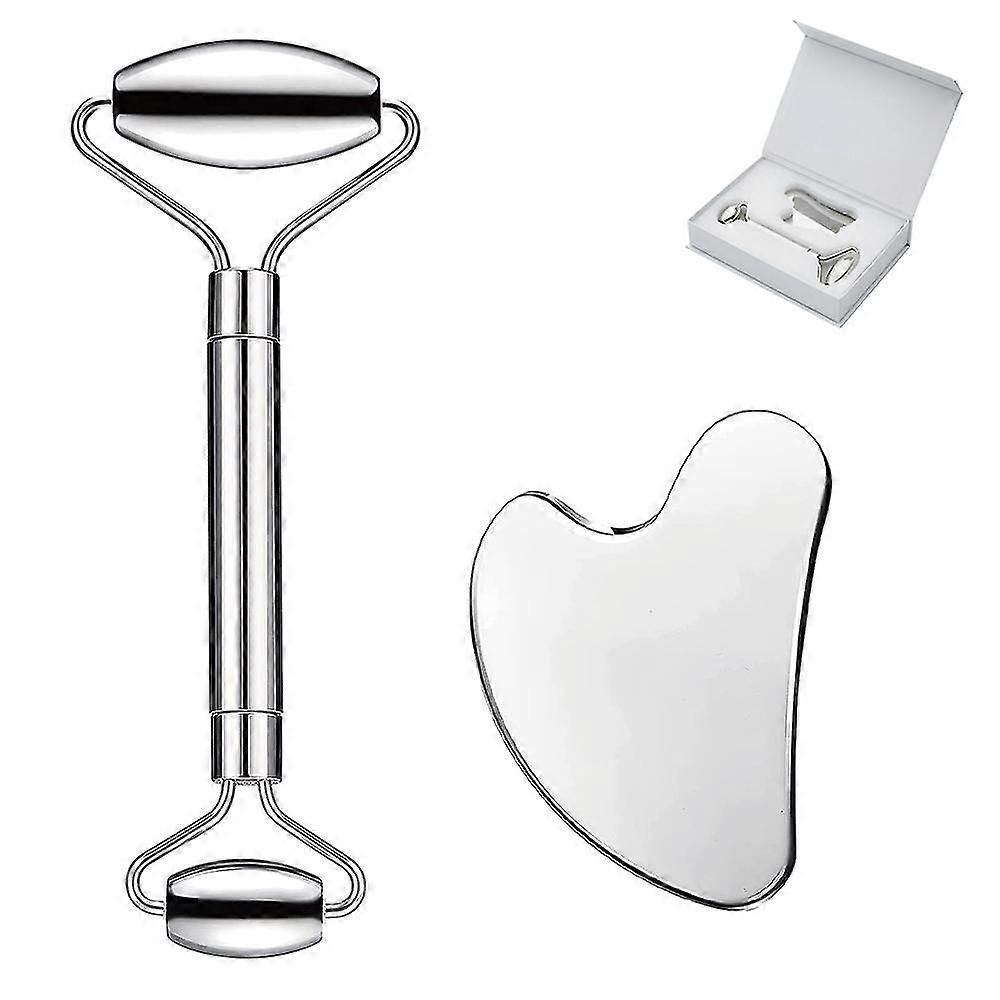 マッサージフェイスアイとネックのためのステンレススチールグアシャセットとフェイシャルマッサージローラーインストゥルメント、実用的なボディケアフェイシャルマッサージツール