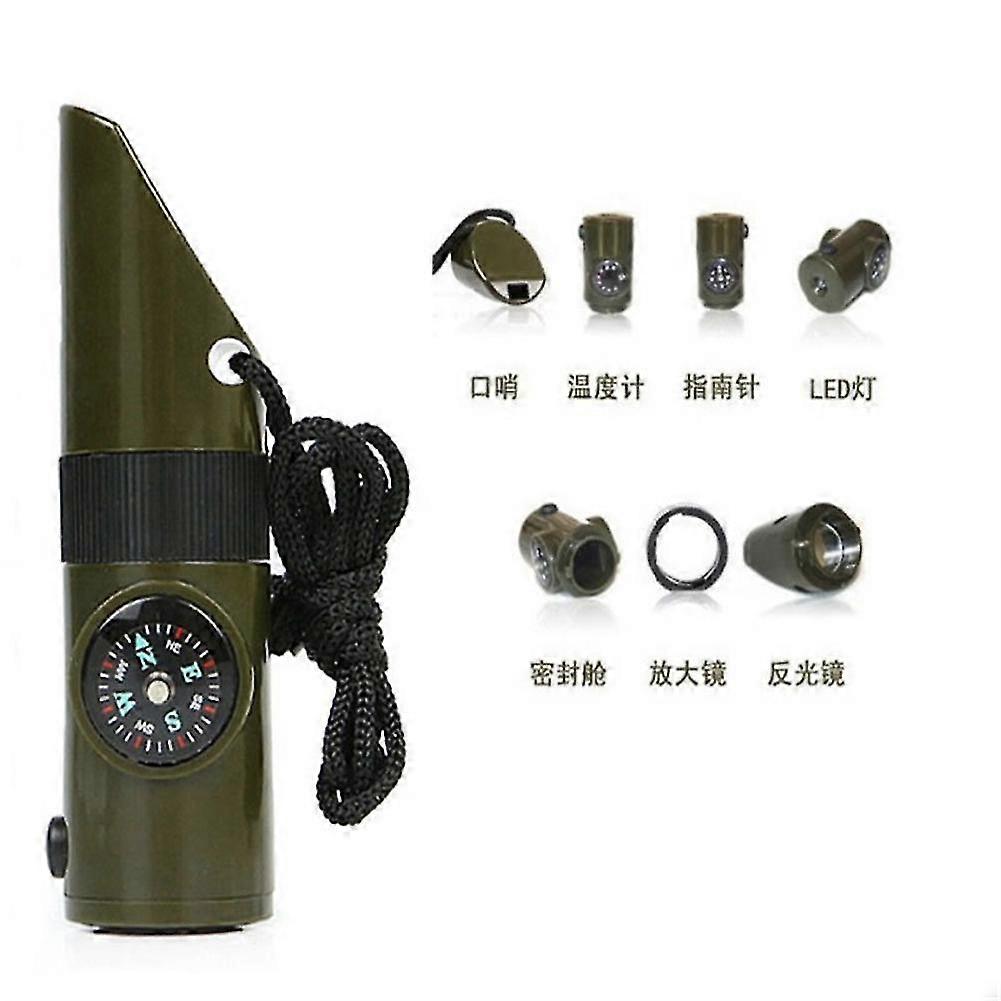 7-In-1 Emergency Survival Whistle Compass Thermometer LED Flashlight Magnifier