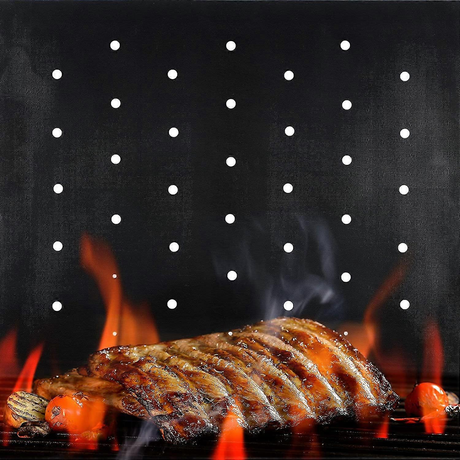 Bbq Grill Mat Non Stick Upgraded Model With Holes Set Of 2 Heavy Duty Reusable And Dishwasher Safe Black Mesh Fireproof Topper Pads Easy Clean And