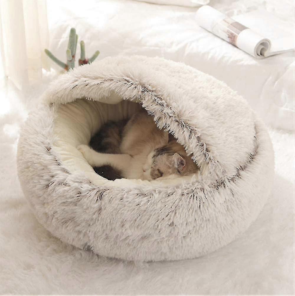 Fluffy Cat Bed, Round, Soft Plush, Den With Hood, Cat Bed