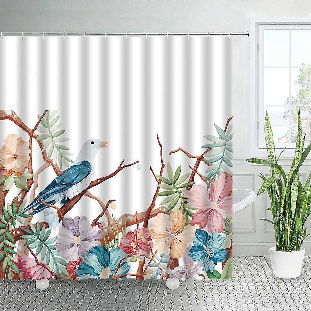 熱帯林の枝鳥緑の植物の葉のプリントバスルームの装飾シャワーカーテン面白いオウムのシャワーカーテンシャワーカーテン-1368 / 2025新しいスタイル