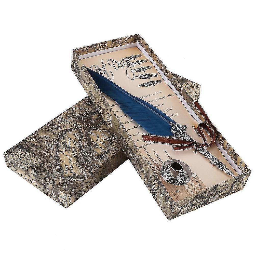 Englische Kalligraphie Feder Dip Federkiel Schreibset - Blau, mit 5 Federn - Schreibwaren-Geschenkbox