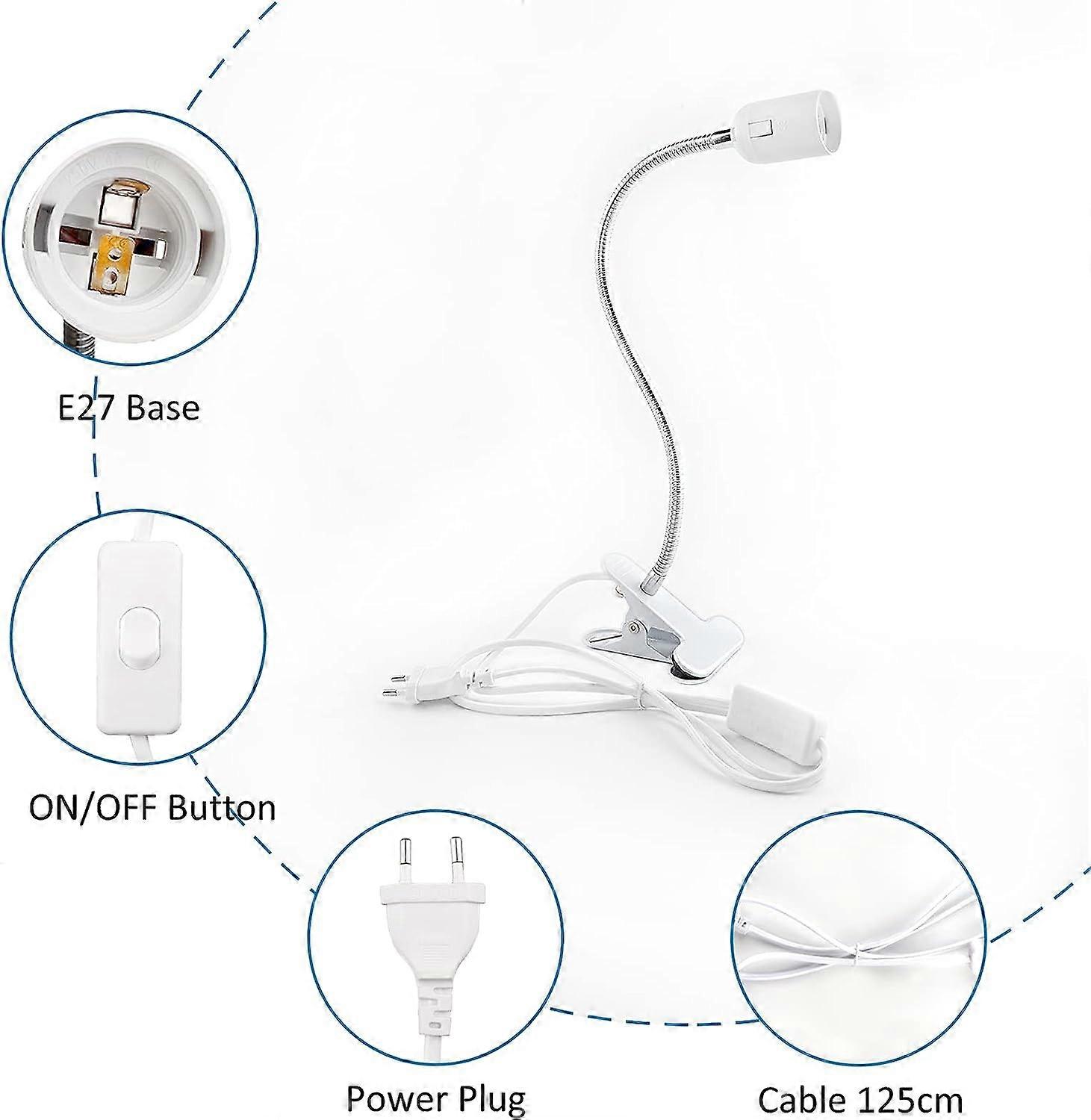 E27 socket with clamp, cable with ON/OFF switch and European plug, E27 socket with 360 adjustable gooseneck clamp, white (without bulb)