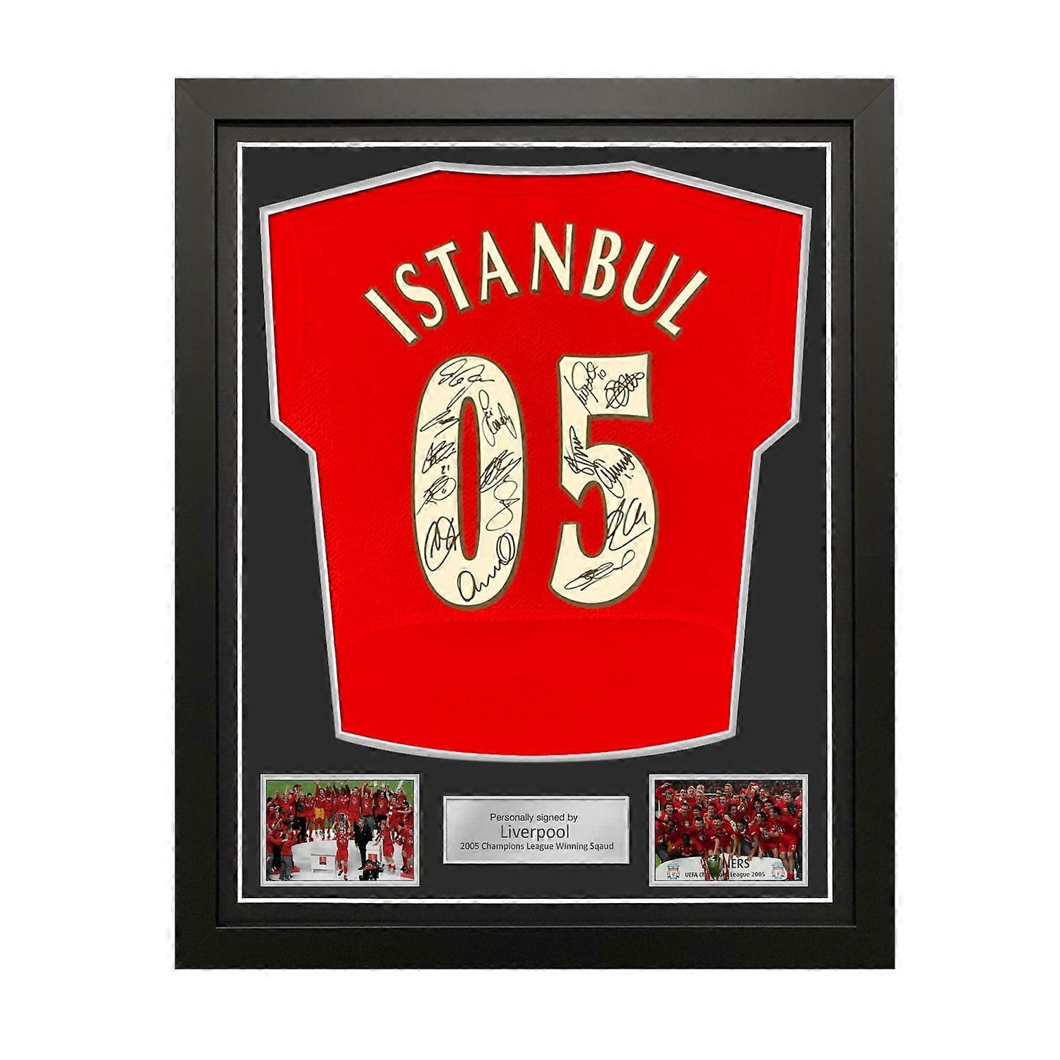 Liverpool Squad Back Signed 2005 Istanbul Football Shirt. Standard Frame