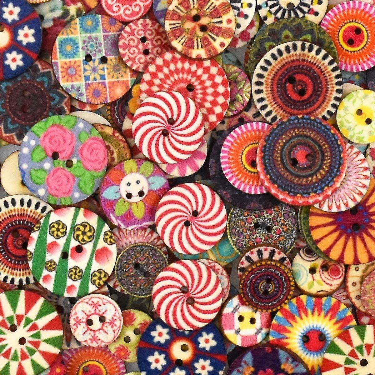 100 Pcs Sewing Buttons Retro Wooden Buttons Round Flower Painting Geometries Multicolor 2 Holes Decorative Buttons for Sewing Crafts Bric