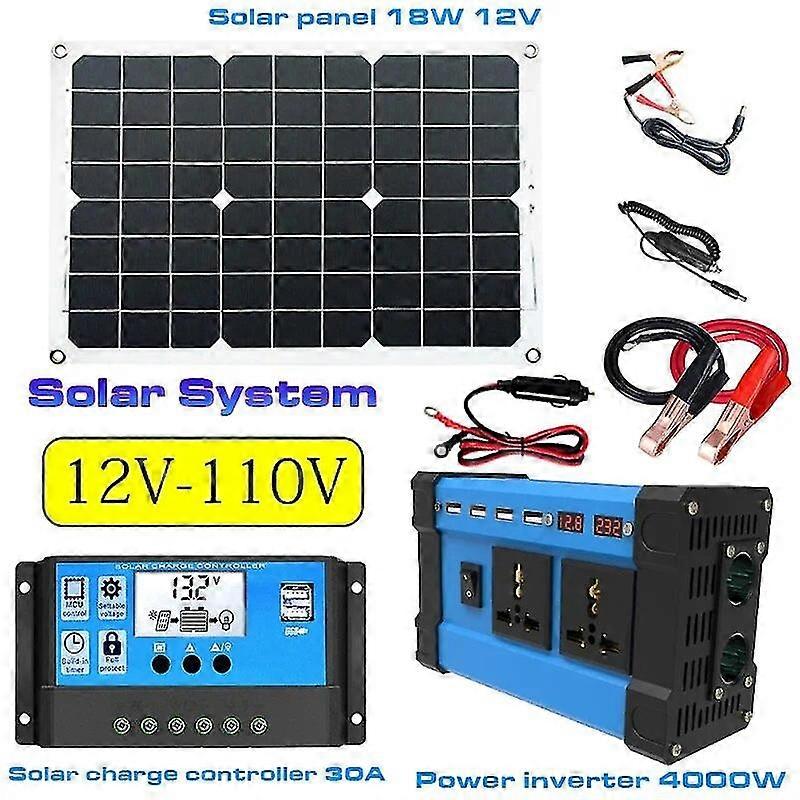 Sada systému solárních panelů (4000W špičkový měnič do auta + 18W solární panel + 30A solární regulátor)