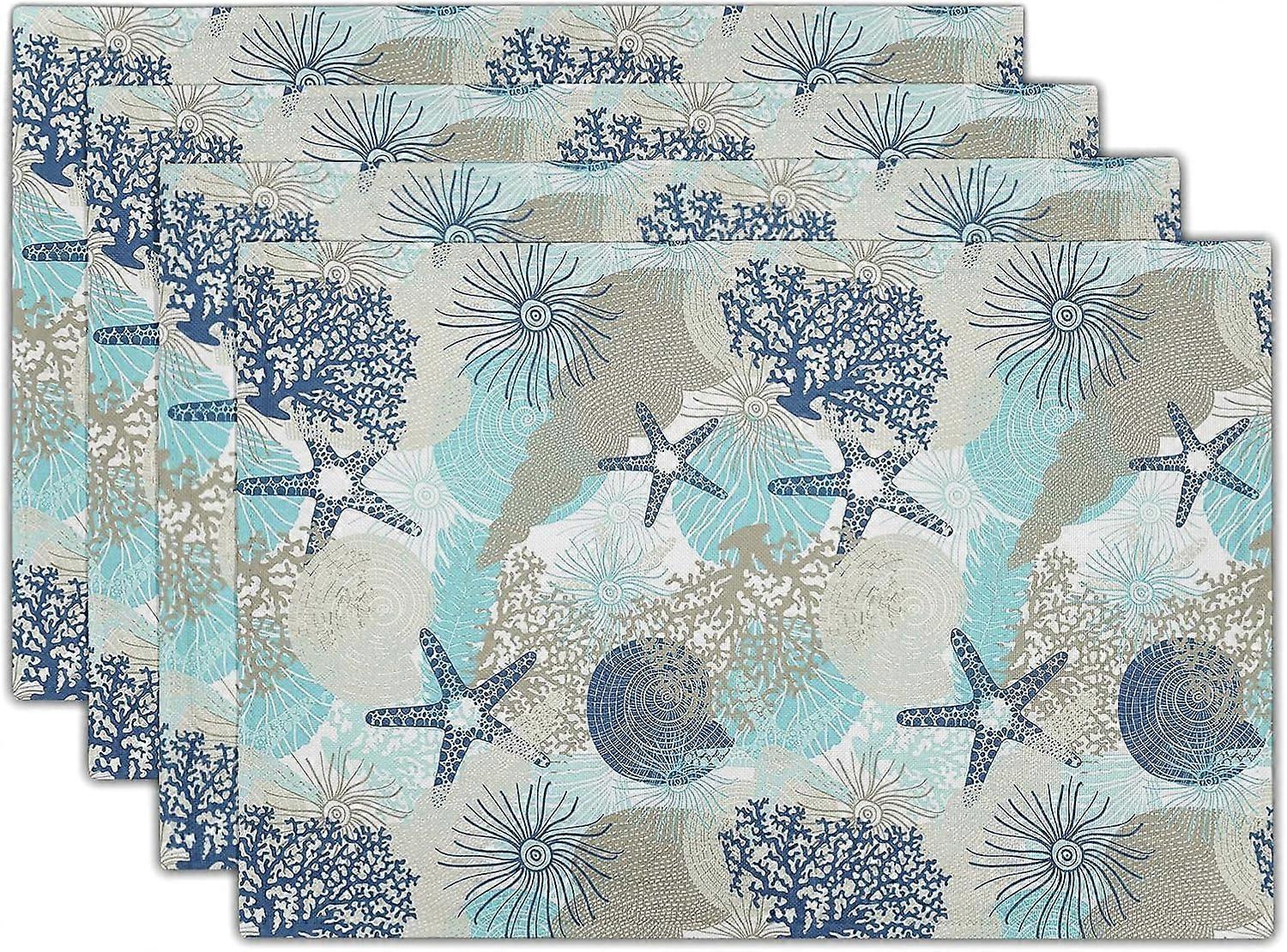 Nautical Coastal Linen Placemats Set of 4 Beach Ocean Themed Non Slip Heat-Resistant Washable Table Place Mats Starfish Seashell Tablemats for Kitchen