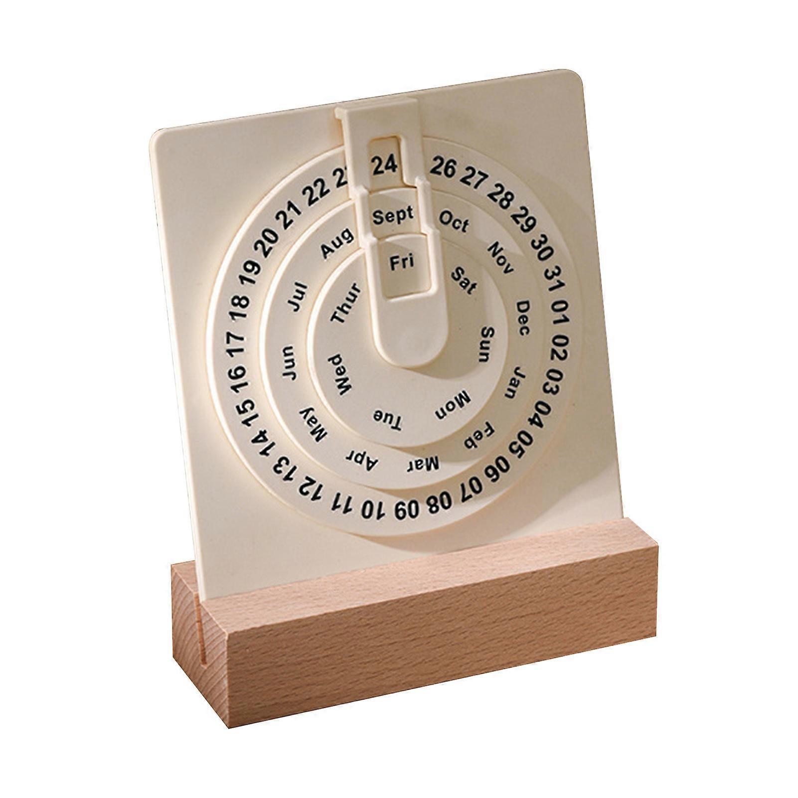 Perpetual Calendar Small Rotating Desk Circular Calendar with Wooden Base Month Week Day Display Wheel Calendar for Home Office Supplies