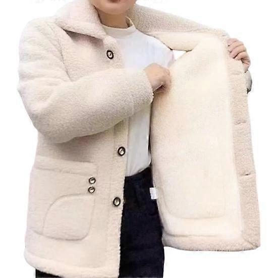 Winter Fleece Coat Thickened Single-breasted with Side Pockets Turn-down Collar Coldproof Solid Color