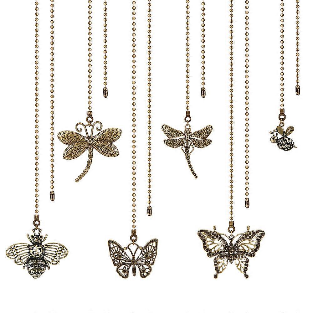 6Pcs 6 Style Insect Theme Tibetan Style Alloy Ceiling Fan Pull Chain Extenders with Iron Ball Chain Dragonfly/Butterfly/Bees Antique Bronze 342~370mm
